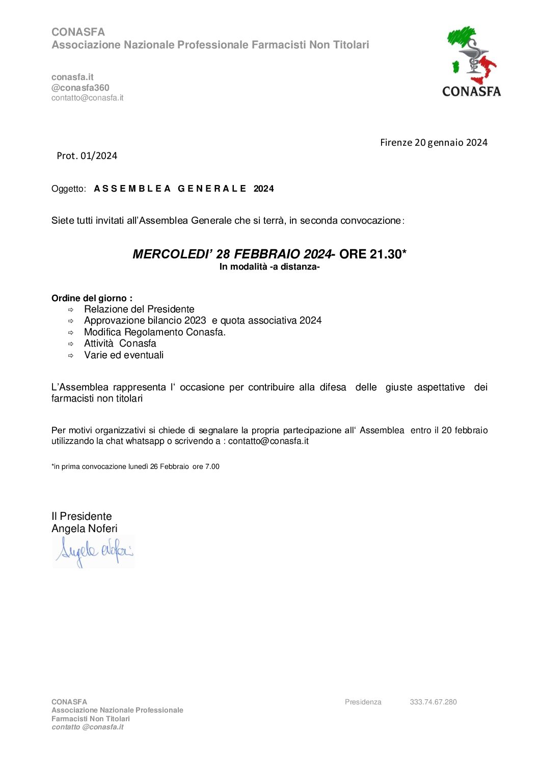 CONVOCAZIONE ASSEMBLEA GENERALE CONASFA 28 FEBBRAIO 2024