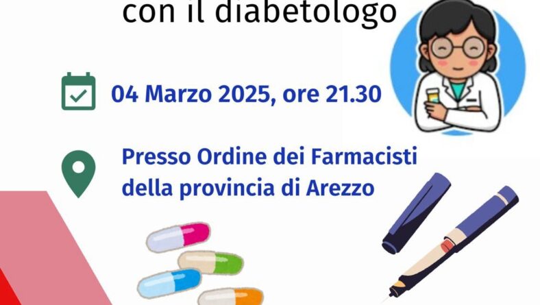 Diabete: nuovi farmaci – 4 Marzo ore 21,30 – Serata confronto con la diabetologa Dr.ssa Alessia Scatena presso Ordine farmacisti della provincia  di Arezzo